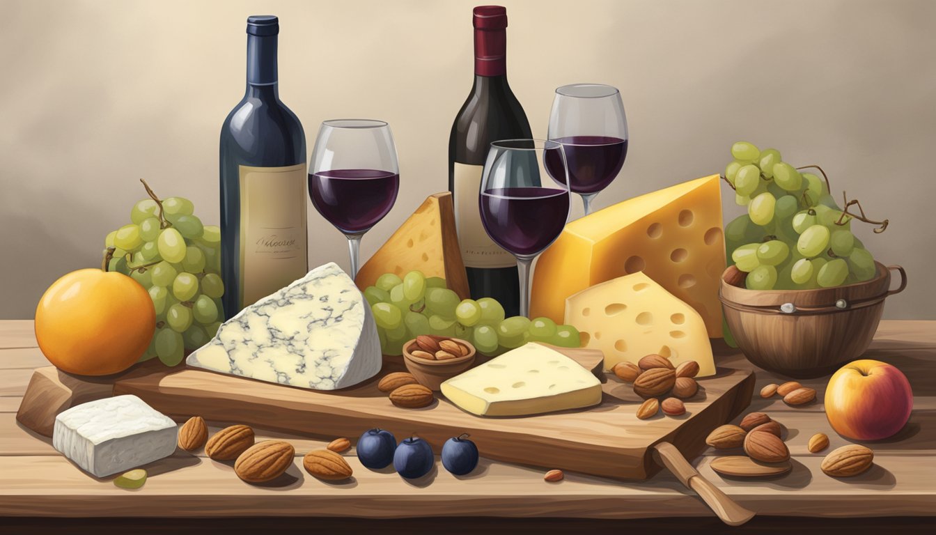 A rustic wooden table displays a variety of Minnesota artisan cheeses, accompanied by fresh fruits, nuts, and a bottle of wine