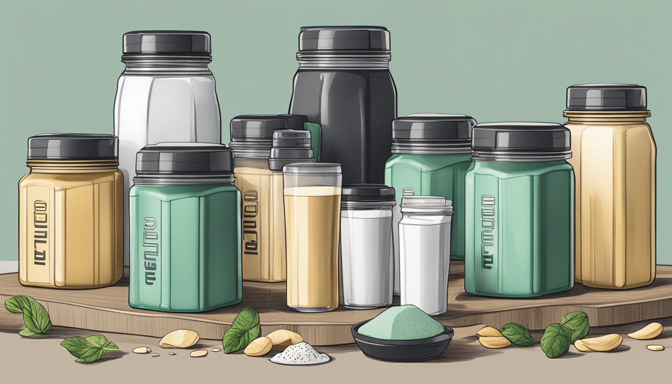 A table with multiple servings of Huel stacked up, surrounded by empty shaker bottles