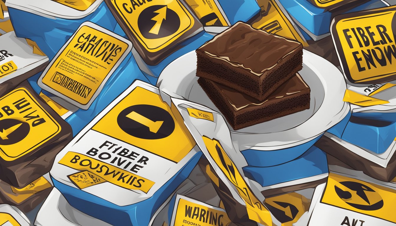 A stack of Fiber One brownies surrounded by caution signs and a warning label