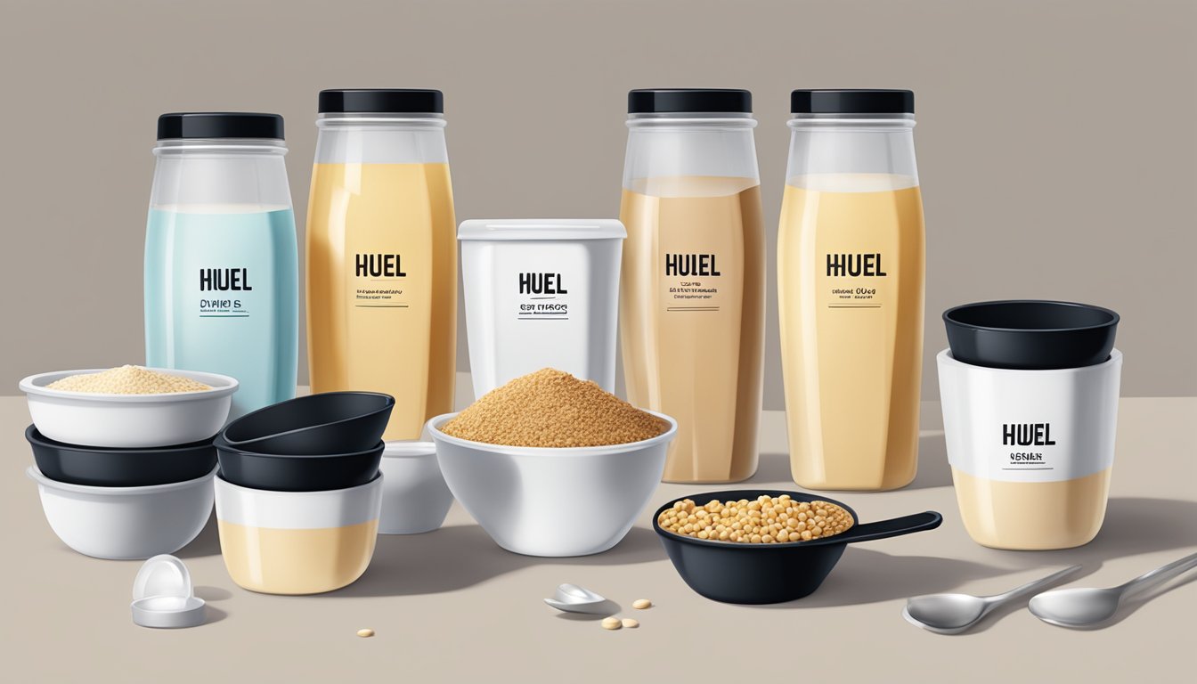 A table with multiple containers of Huel, ranging in size and flavor, surrounded by empty glasses and measuring scoops