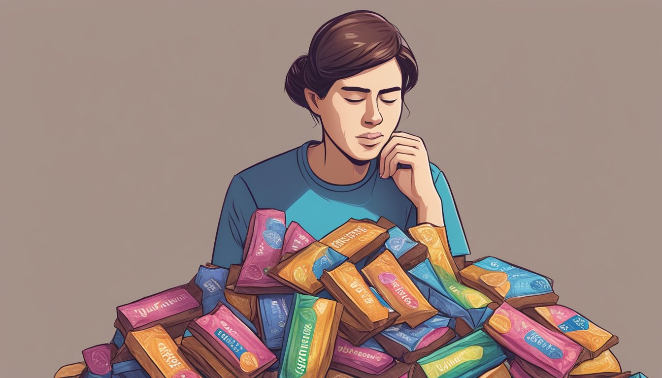 A person surrounded by empty fiber one brownie wrappers, looking overwhelmed