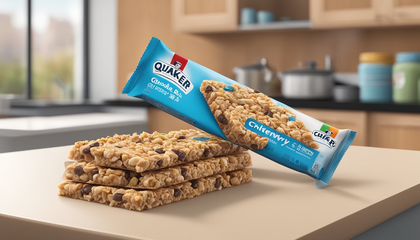 A stack of Quaker Chewy Granola Bars on a kitchen counter, with a hand reaching for another bar