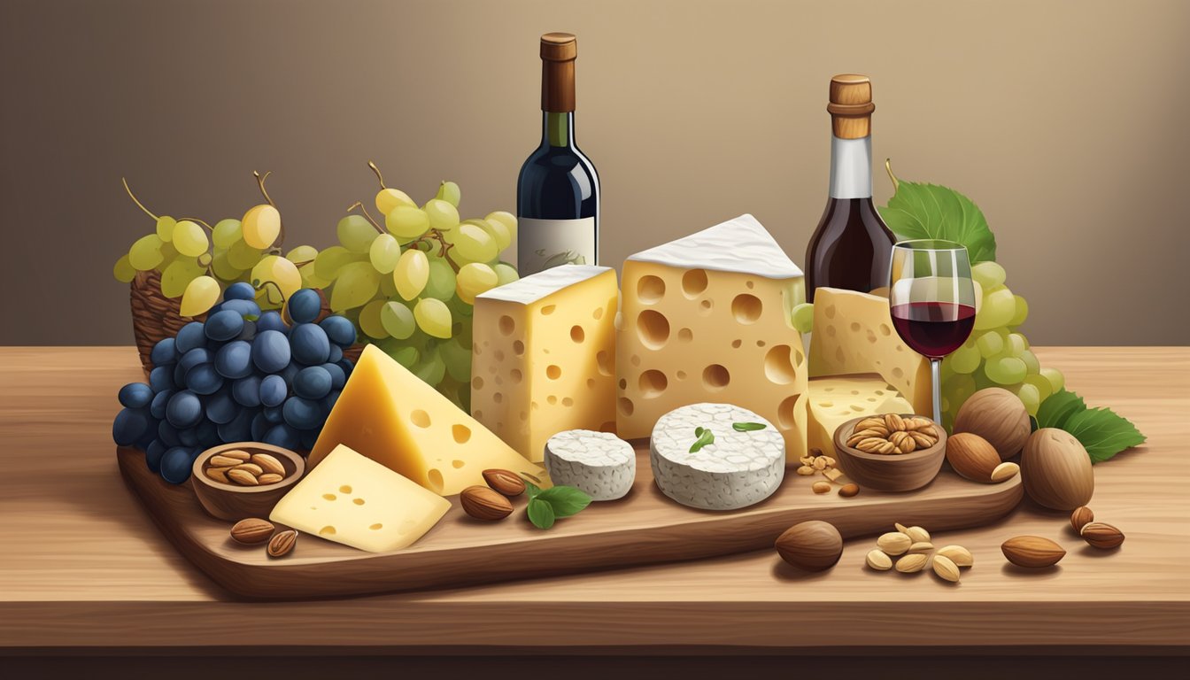 A wooden cheese board with a variety of local artisan cheeses, accompanied by fresh fruits, nuts, and a bottle of wine