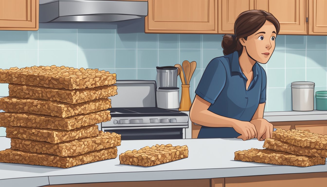 A pile of Quaker Chewy granola bars stacked on a kitchen counter, with a concerned person looking at them