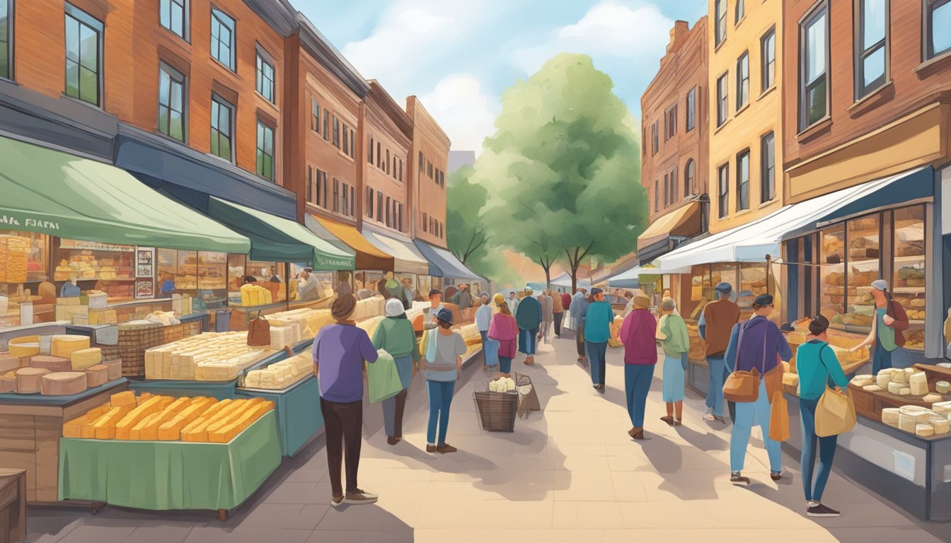 A bustling Minnesota market with a variety of local artisan cheeses on display, surrounded by eager customers and vibrant storefronts