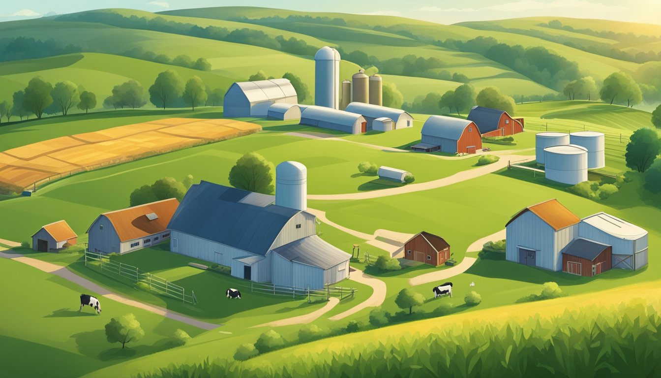 A picturesque Minnesota farm with rolling hills, happy cows grazing on lush green pastures, and a small artisan cheese production facility powered by renewable energy sources