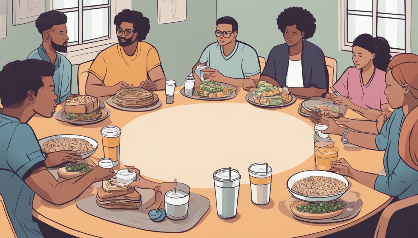 A group of people gathering around a table with various servings of Huel, discussing and debating the question of how many servings is too much