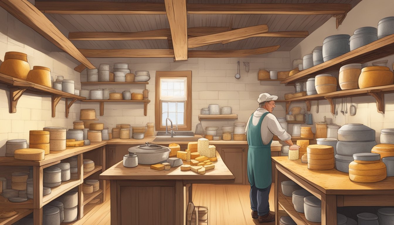 A Nebraskan cheesemaker crafts artisan cheese in a rustic farmhouse kitchen, surrounded by shelves of aging cheese and the tools of their trade