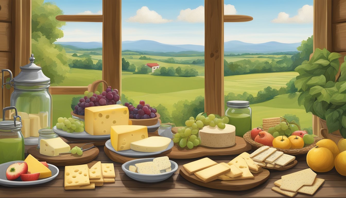 A rustic wooden table displays a variety of Missouri artisan cheeses alongside fresh fruit and crackers, with a backdrop of rolling green hills and a quaint farmhouse in the distance