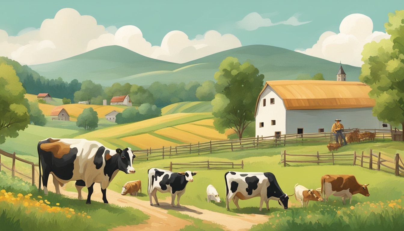 A rustic farm setting with rolling green hills, a quaint cheese-making workshop, and a farmer tending to a herd of contented cows