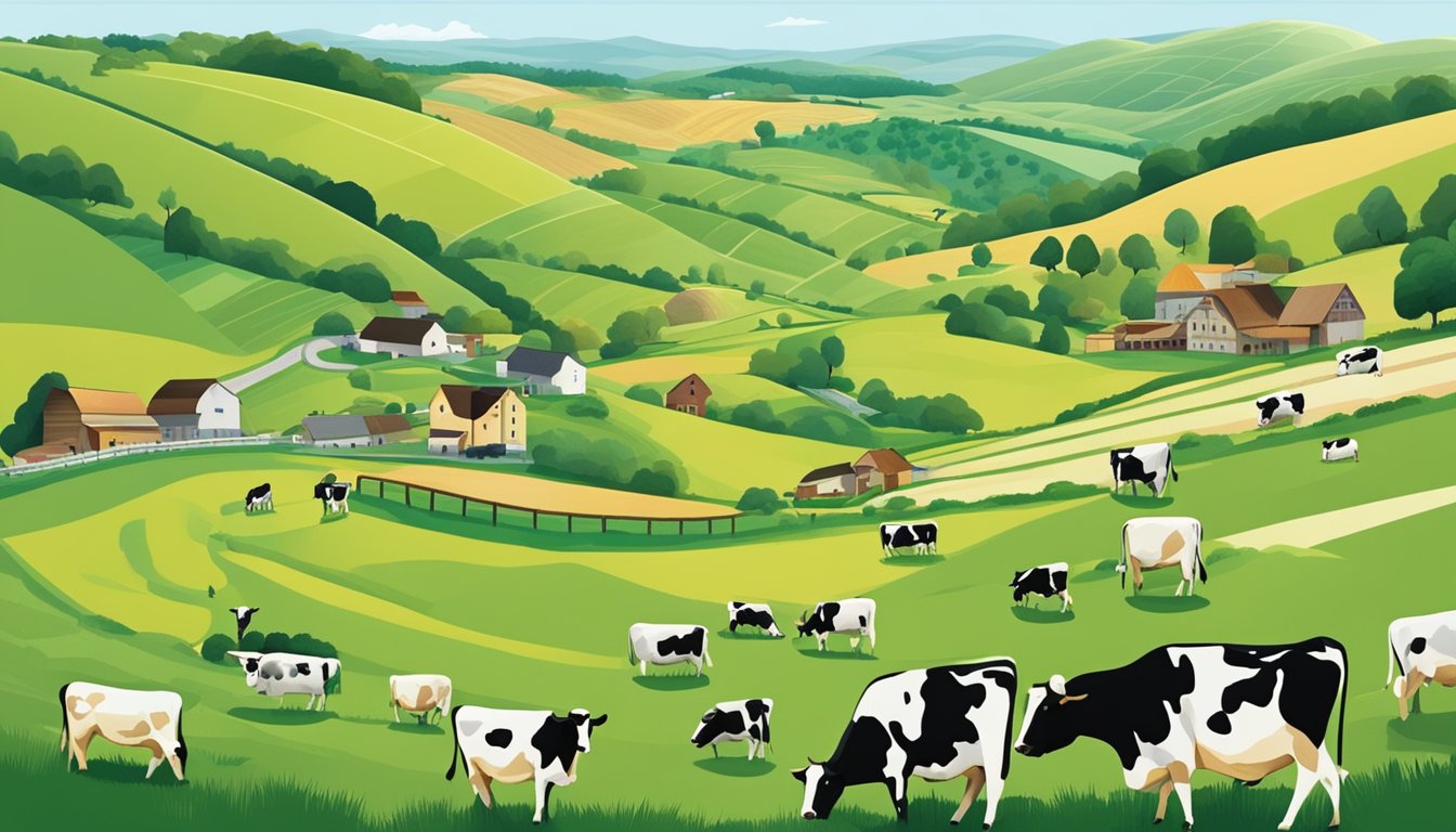 Rolling hills of green pastures dotted with grazing cows, surrounded by small artisan cheese shops and dairy farms