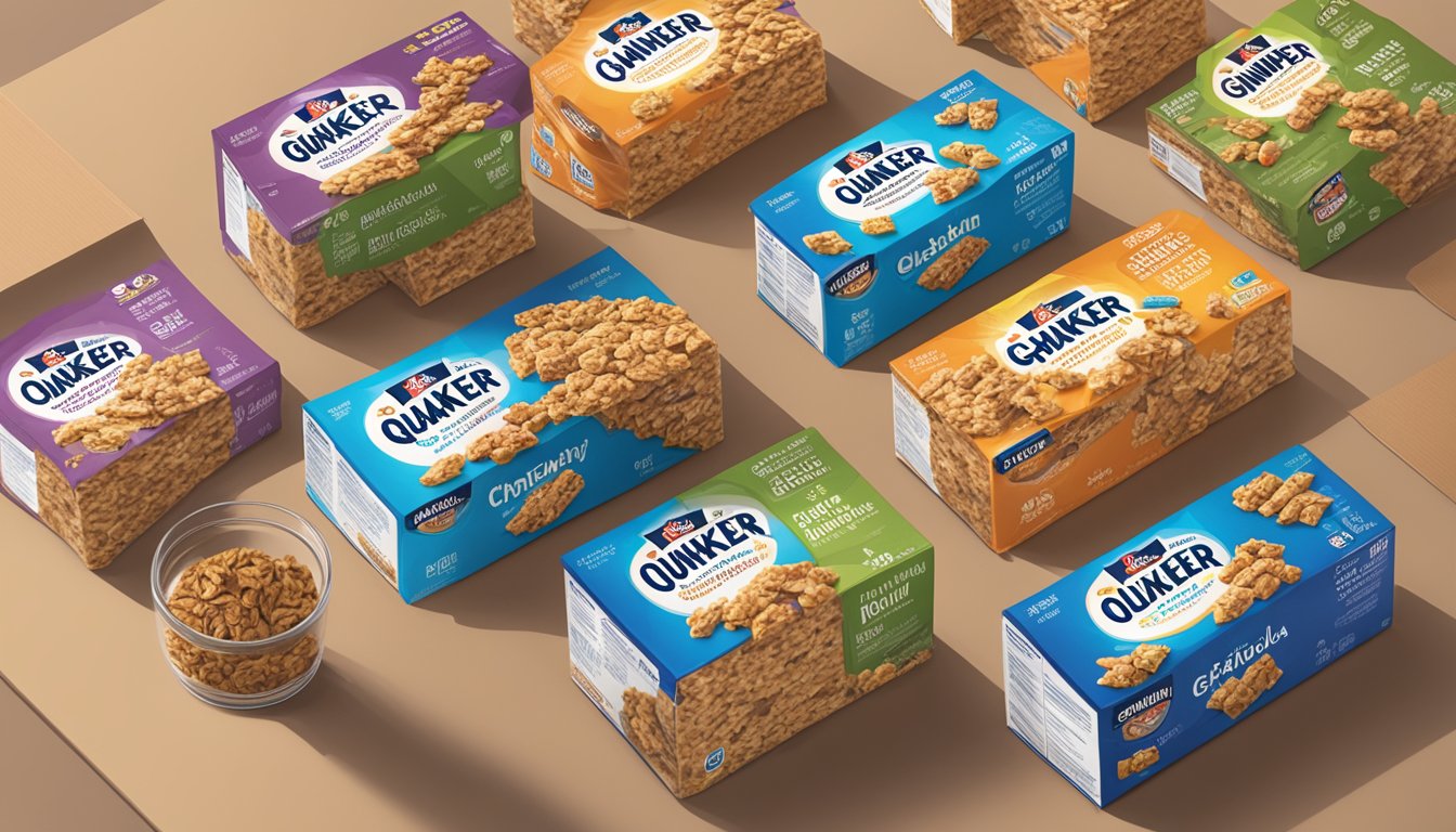 A pile of Quaker Chewy granola bars stacked on a table, with a person looking at the nutrition label and marketing claims on the packaging