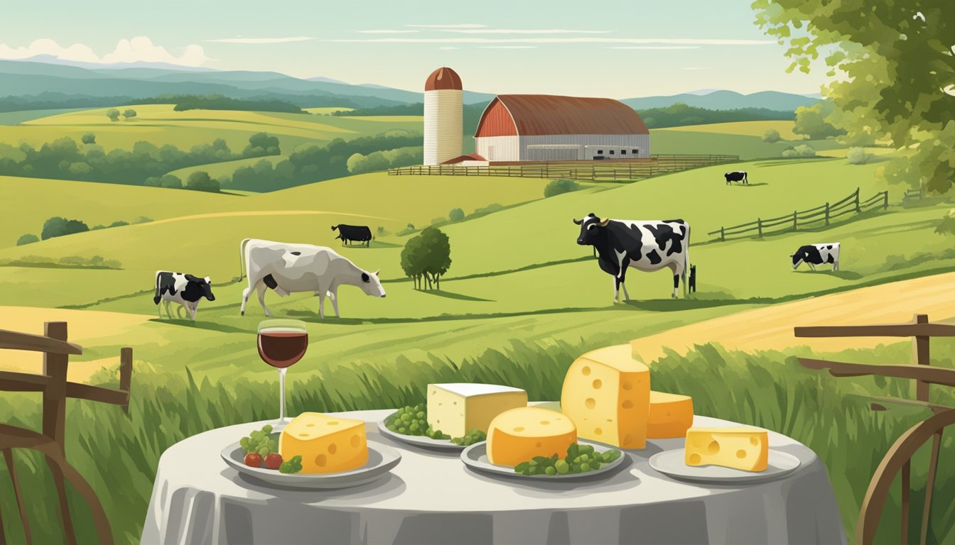 Rolling hills of green pastures dotted with grazing cows, a rustic barn in the distance, and a table adorned with an array of local artisan cheeses