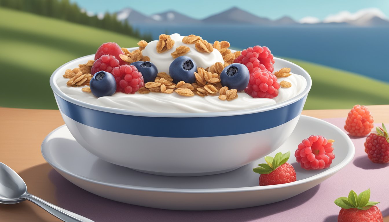 A bowl of Chobani Greek yogurt with a spoon beside it, surrounded by fresh berries and a granola topping