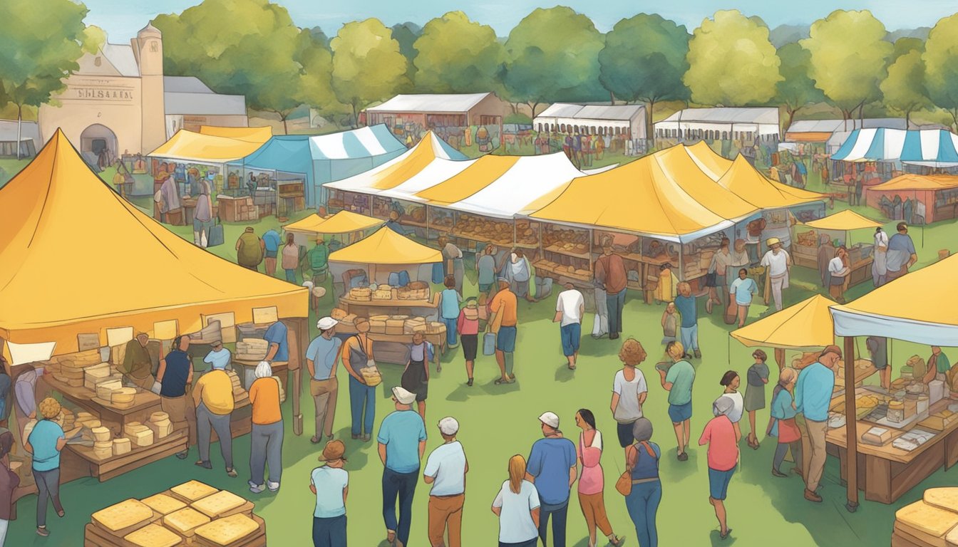 A bustling outdoor festival showcasing a variety of local artisan cheeses from Missouri. Vendors display their products on wooden tables under colorful tents, while visitors sample and purchase the delicious dairy creations