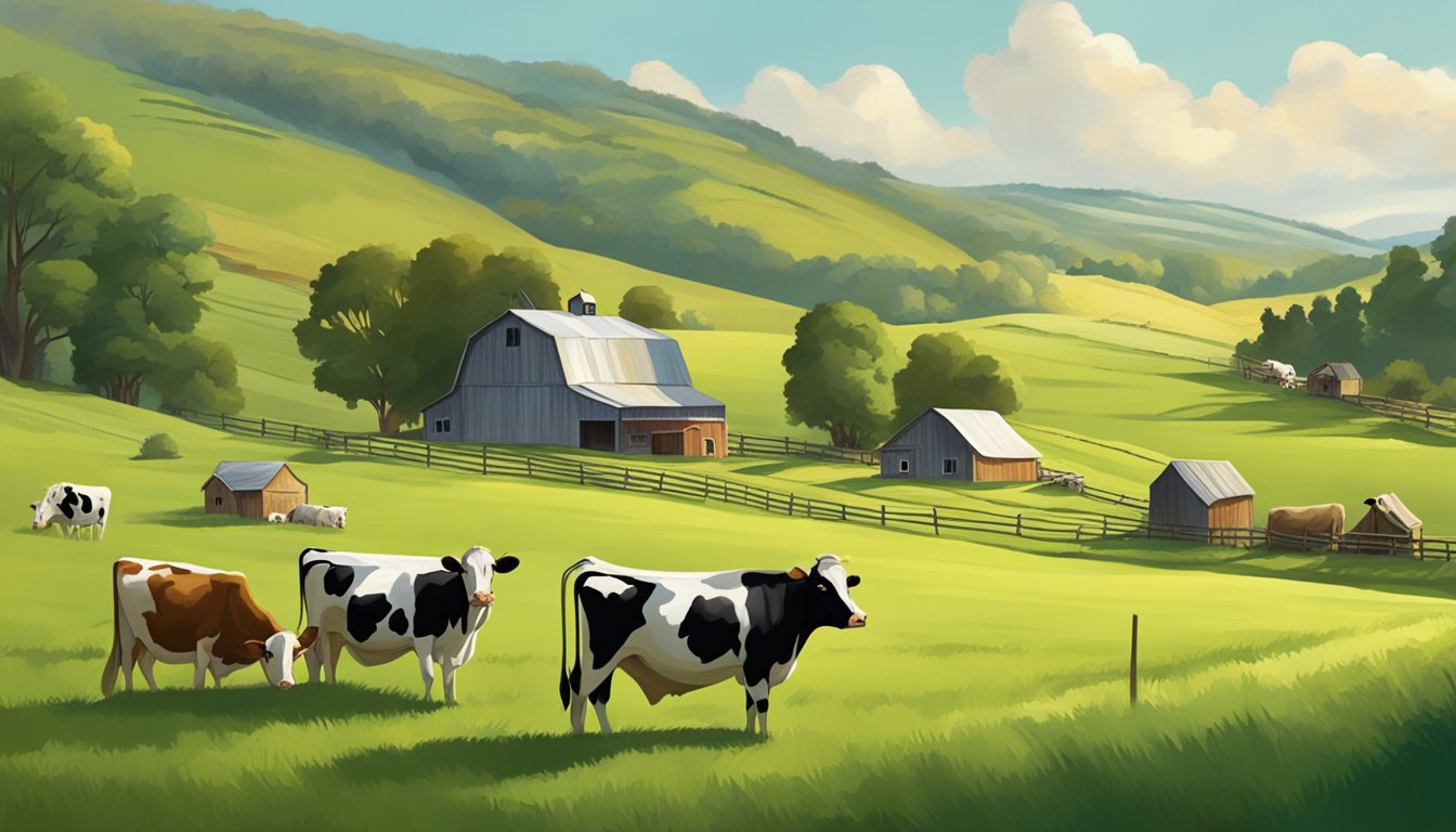 A rustic farm scene with rolling hills, a small dairy barn, and a group of contented cows grazing on lush green pastures