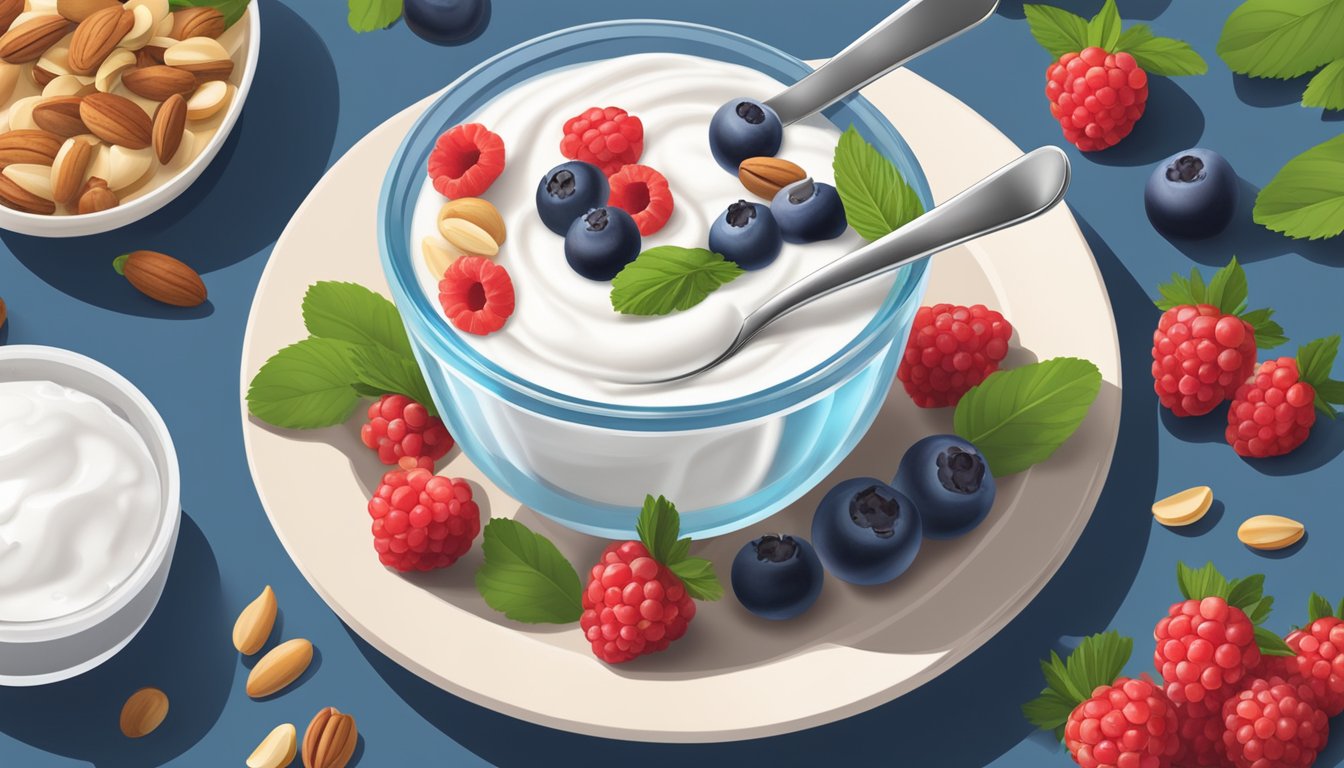 A bowl of Chobani Greek yogurt with a spoon, surrounded by fresh berries and nuts, with a glass of water on the side