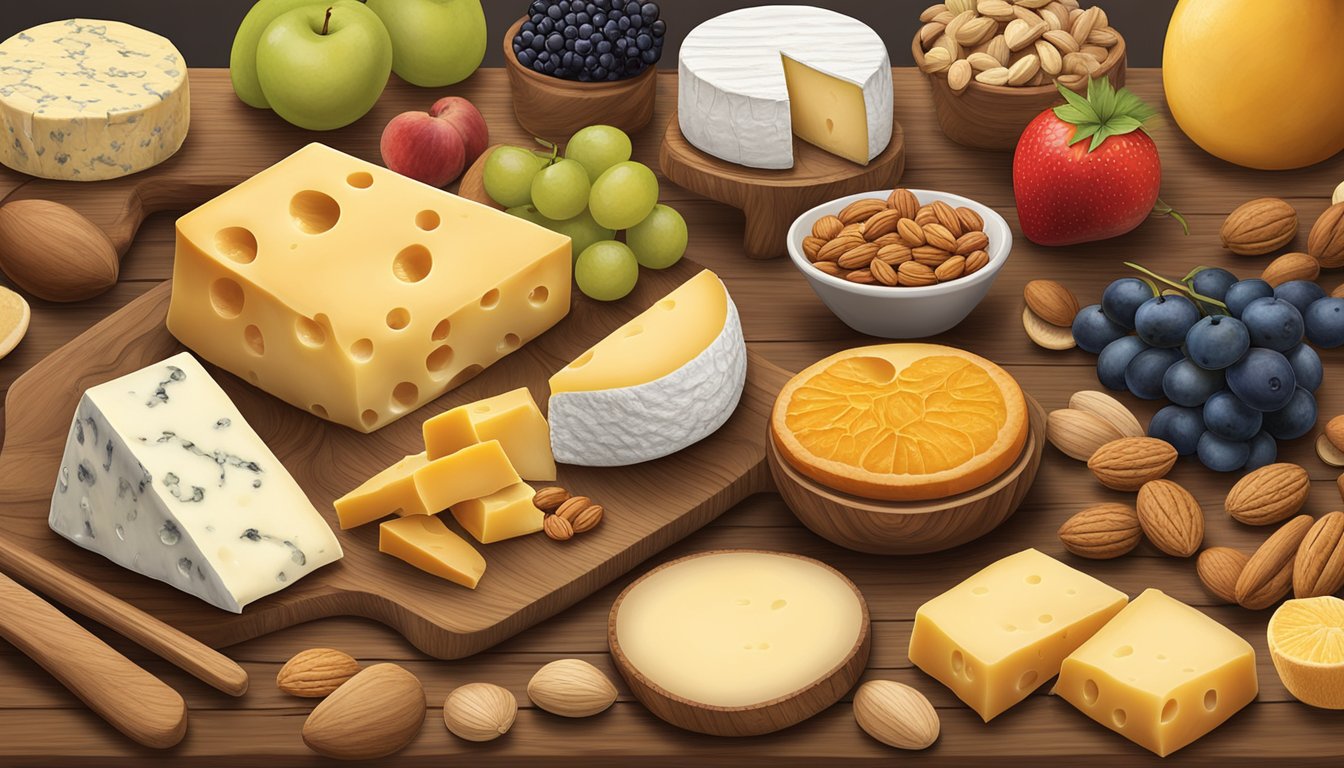 A rustic wooden board displays a variety of Missouri local artisan cheeses, accompanied by fresh fruits, nuts, and a drizzle of honey