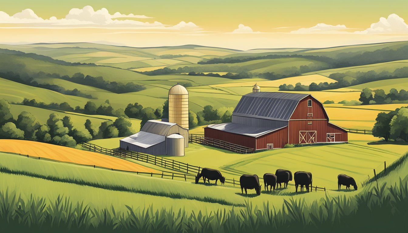 A serene Nebraska farm with rolling green hills, a rustic barn, and a small cheese production facility