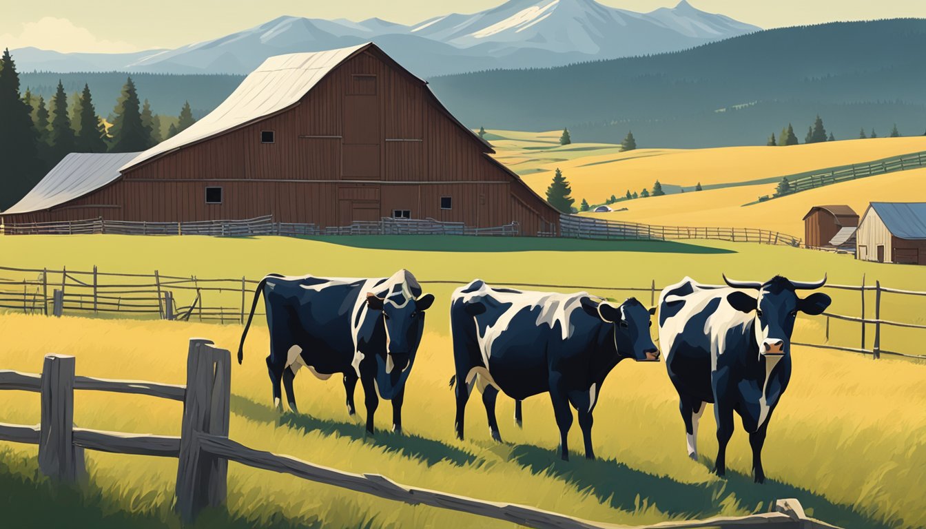 A rustic barn nestled in the rolling hills of Montana, with a small group of cows grazing in the foreground and a cheese-making operation in the background