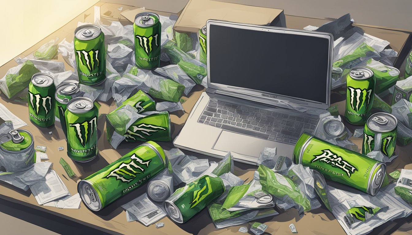 A cluttered desk with multiple open cans of Monster Energy drinks scattered around, some empty and some half-full, surrounded by crumpled papers and discarded packaging