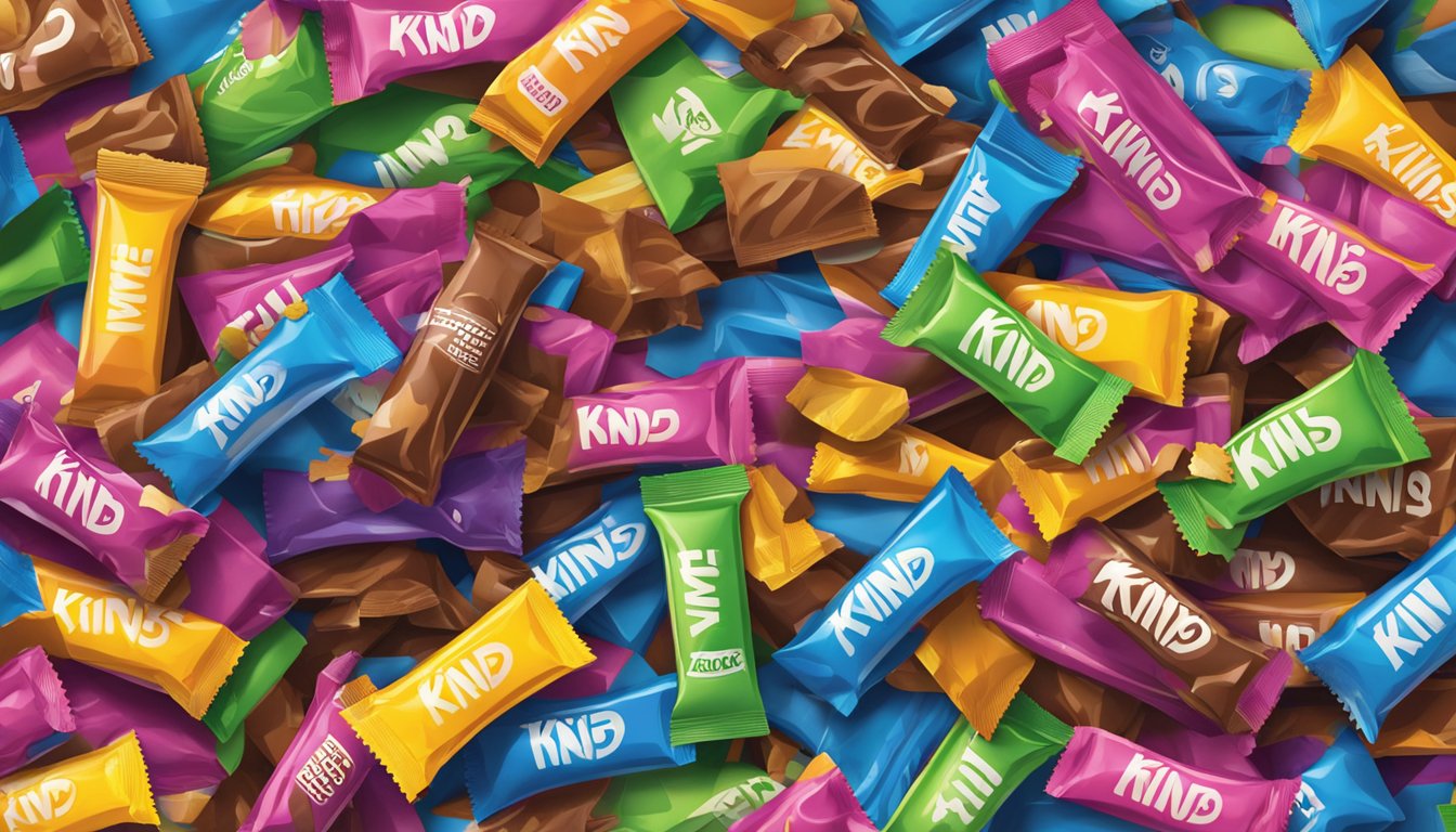 A colorful pile of Kind Minis bars overflowing from a snack bowl, with a few scattered on a table