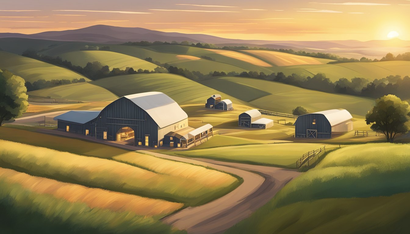 A rustic Nebraskan cheese farm at sunset, with rolling green hills and a spotlight illuminating the local artisan cheese production