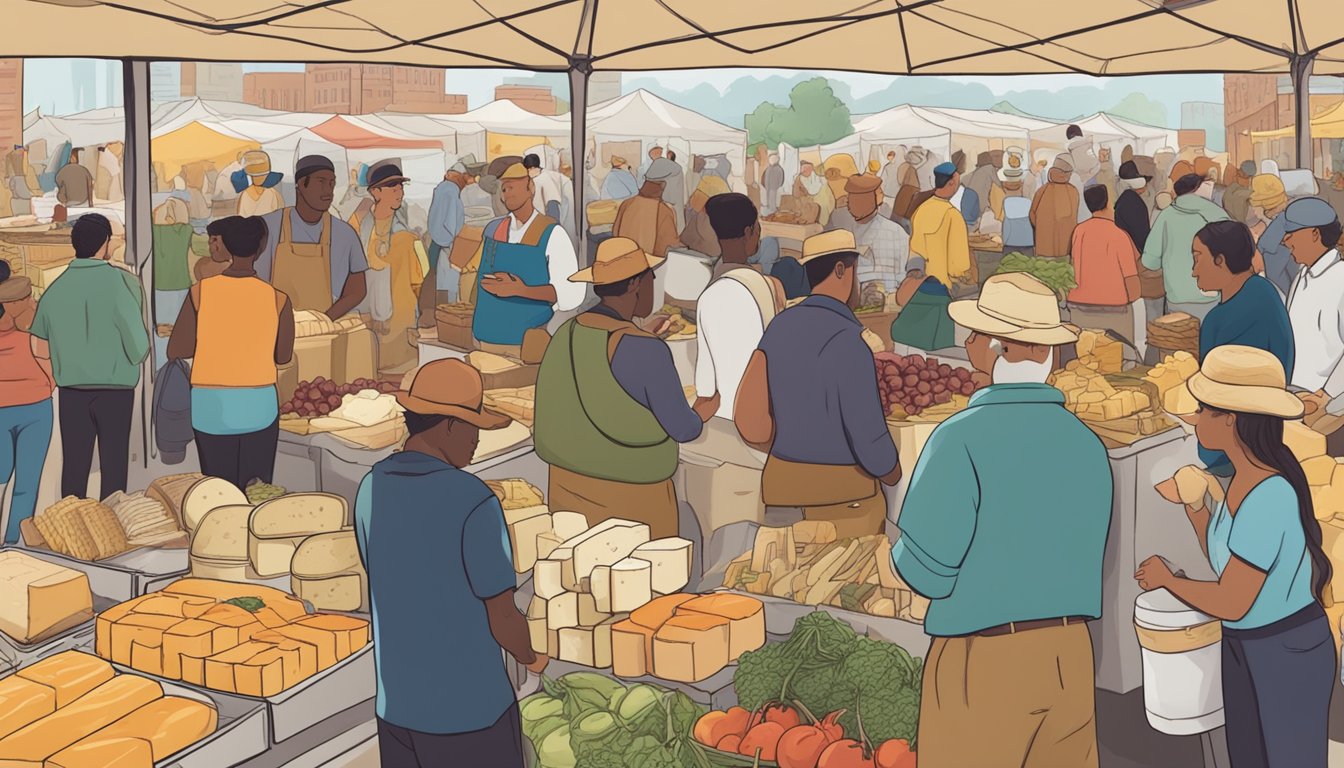 A bustling farmer's market with a variety of Missouri artisan cheeses on display, surrounded by eager customers and vendors exchanging goods