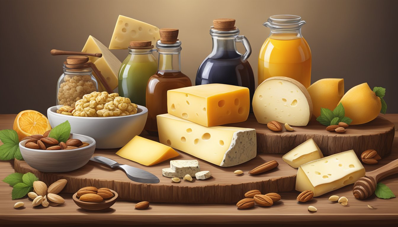 A rustic wooden table displays a variety of Montana artisan cheeses, surrounded by local ingredients like honey, fruit, and nuts