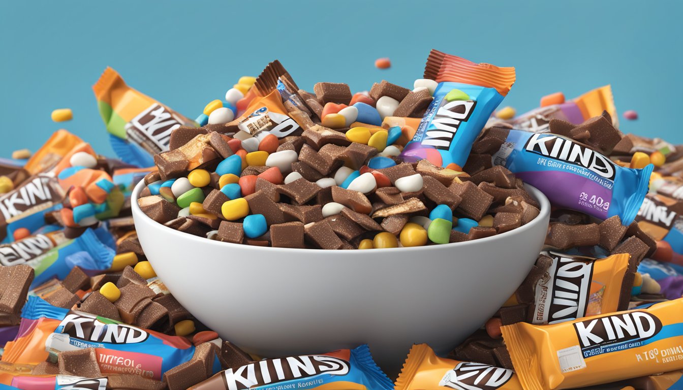 A pile of Kind Minis bars spilling out of an overflowing bowl, with a nutrition label and serving size information prominently displayed