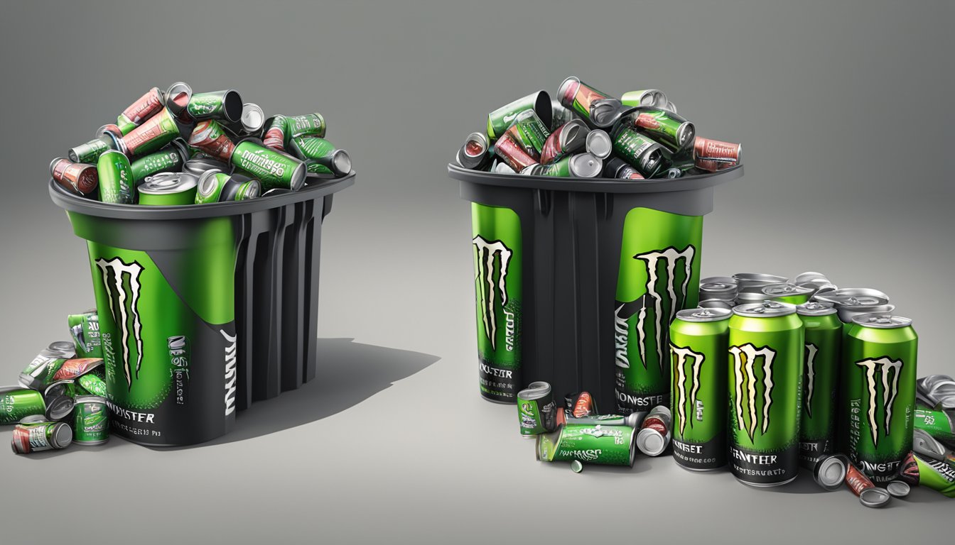 A pile of empty Monster Energy cans, overflowing from a trash bin, with a warning label in the background