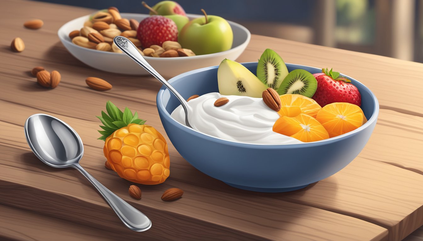 A bowl of Chobani Greek yogurt with a spoon beside it, surrounded by various fruits and nuts on a wooden table