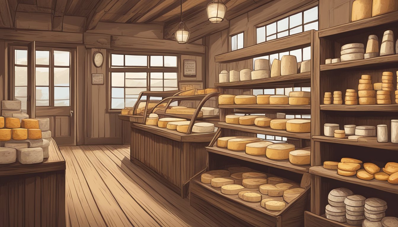 A rustic cheese shop with shelves of local artisan cheeses from Missouri, displayed on wooden boards and in vintage packaging