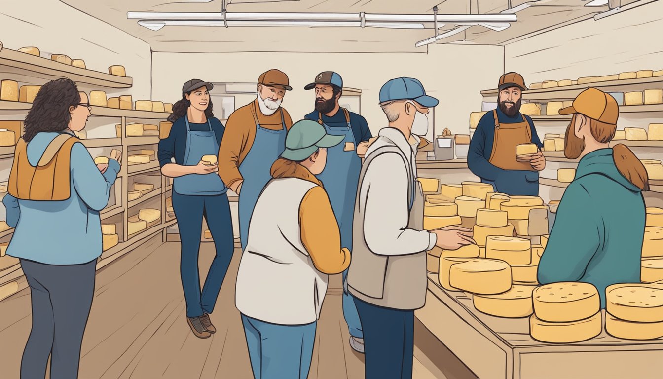 A group of people gather in a local artisan cheese shop in Nebraska, learning about the cheese-making process and engaging in community outreach