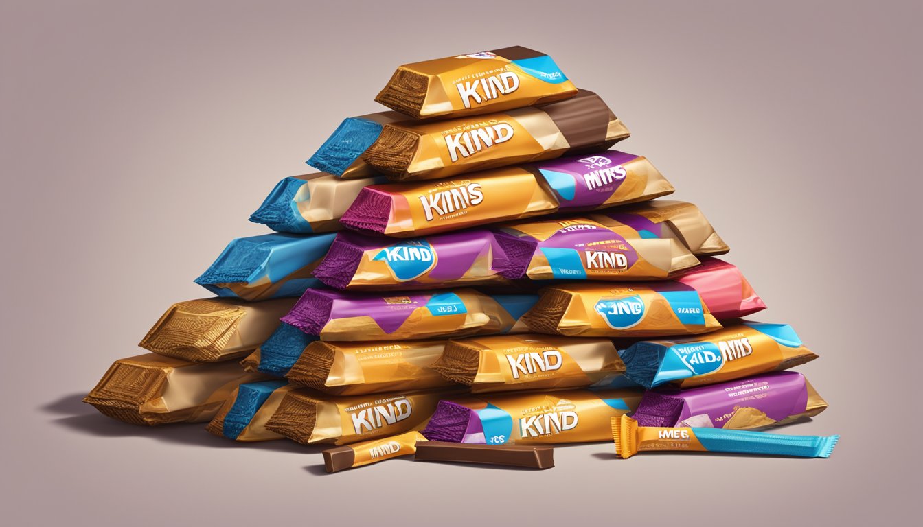 A pile of Kind Minis bars stacked in a pyramid, with a measuring tape wrapped around them to indicate portion size