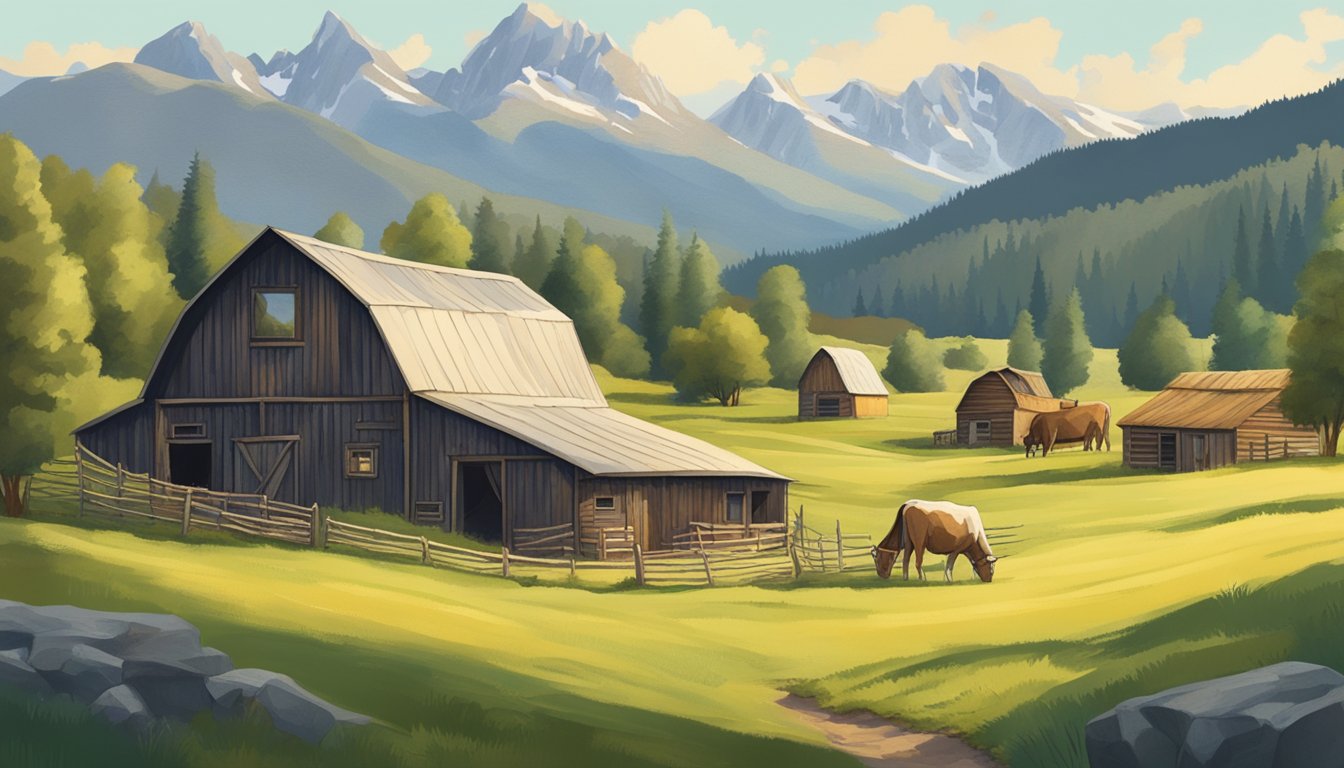 A rustic barn nestled in the Montana mountains, surrounded by lush green pastures and grazing cows. A small group of artisans carefully crafting and aging local cheese