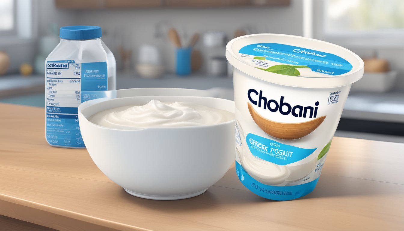 A table with a bowl of Chobani Greek yogurt and a measuring cup next to it, with a nutrition label in the background