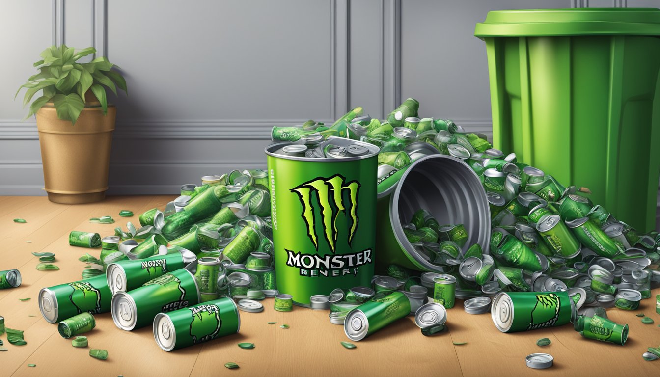 Empty cans of Monster Energy drink overflowing from a trash bin, scattered on the floor, and stacked in a messy pile