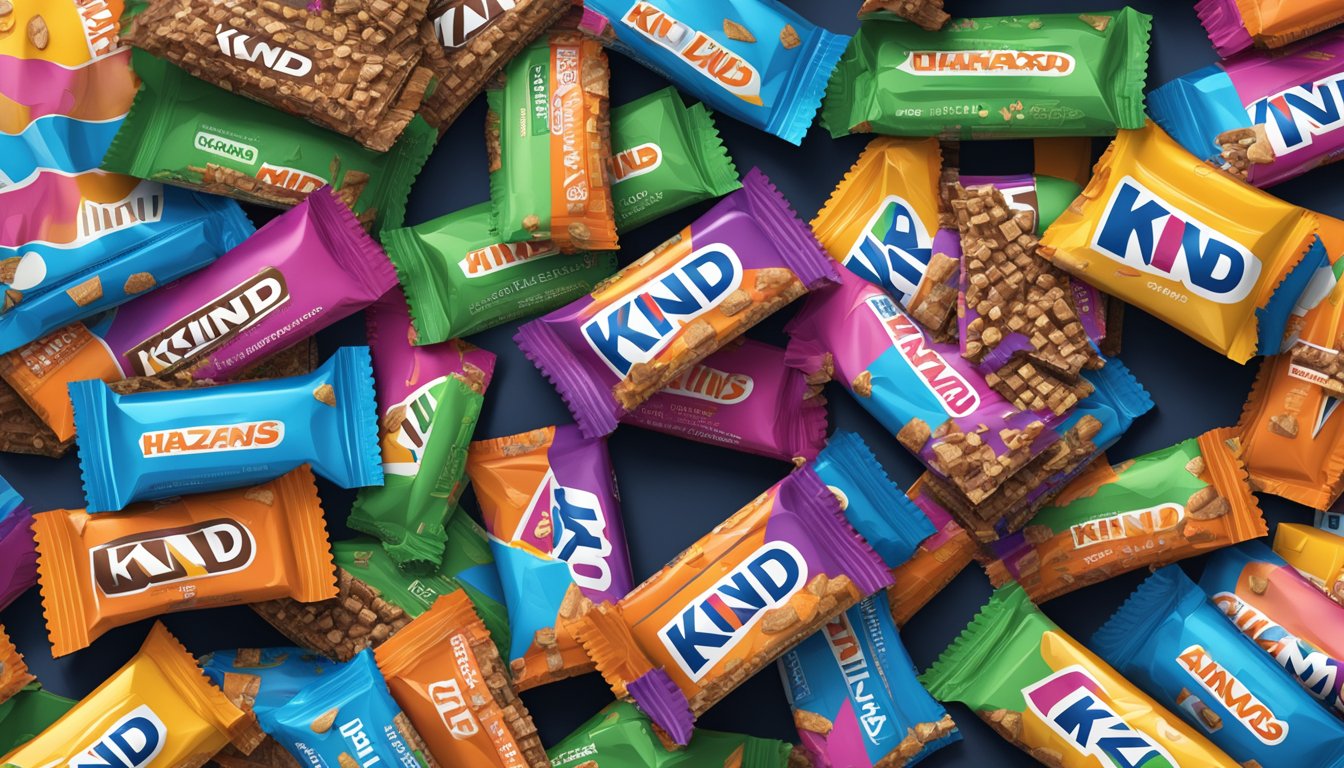 A pile of Kind Minis bars stacked in a haphazard manner, with a few bars scattered around, surrounded by empty wrappers