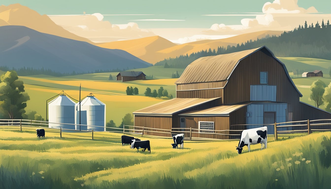 A scenic Montana dairy farm with grazing cows and a small local dairy building producing artisan cheese