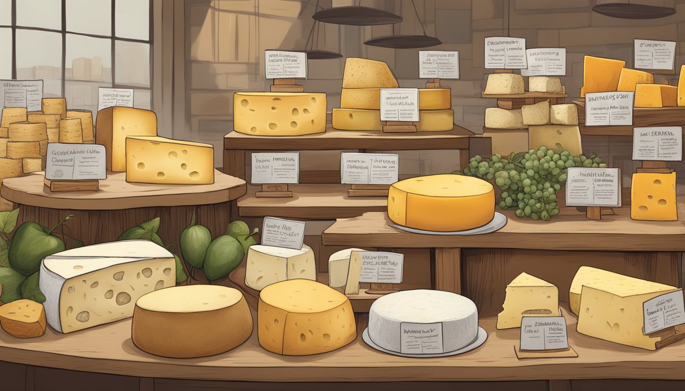 A display of various Nebraska local artisan cheeses in a market setting