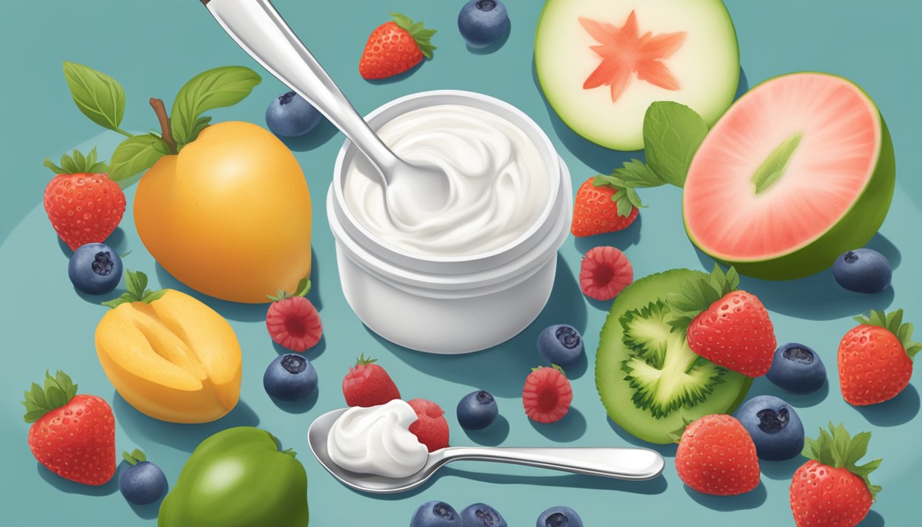 A spoonful of Chobani Greek yogurt being scooped from a container surrounded by fresh fruits and vegetables