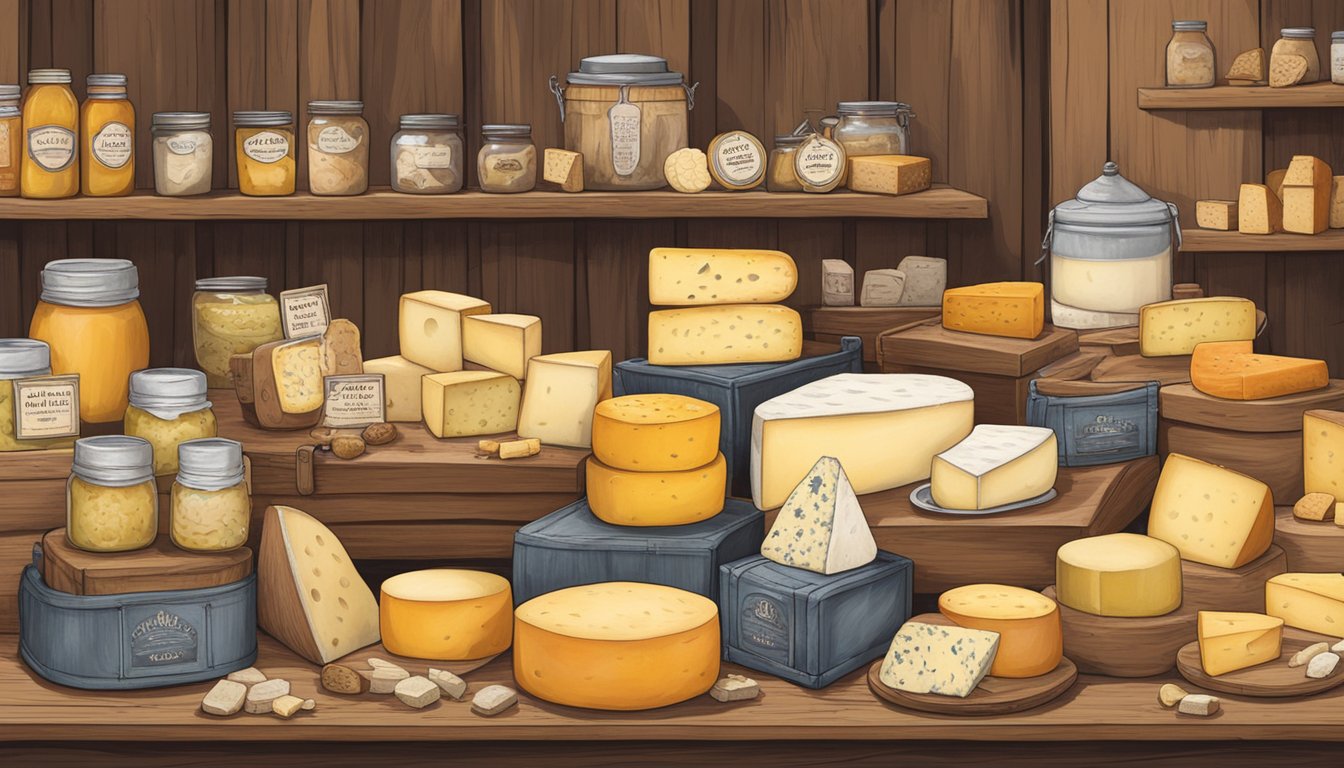 A rustic market stall displays a variety of Missouri local artisan cheeses alongside travel-themed merchandise