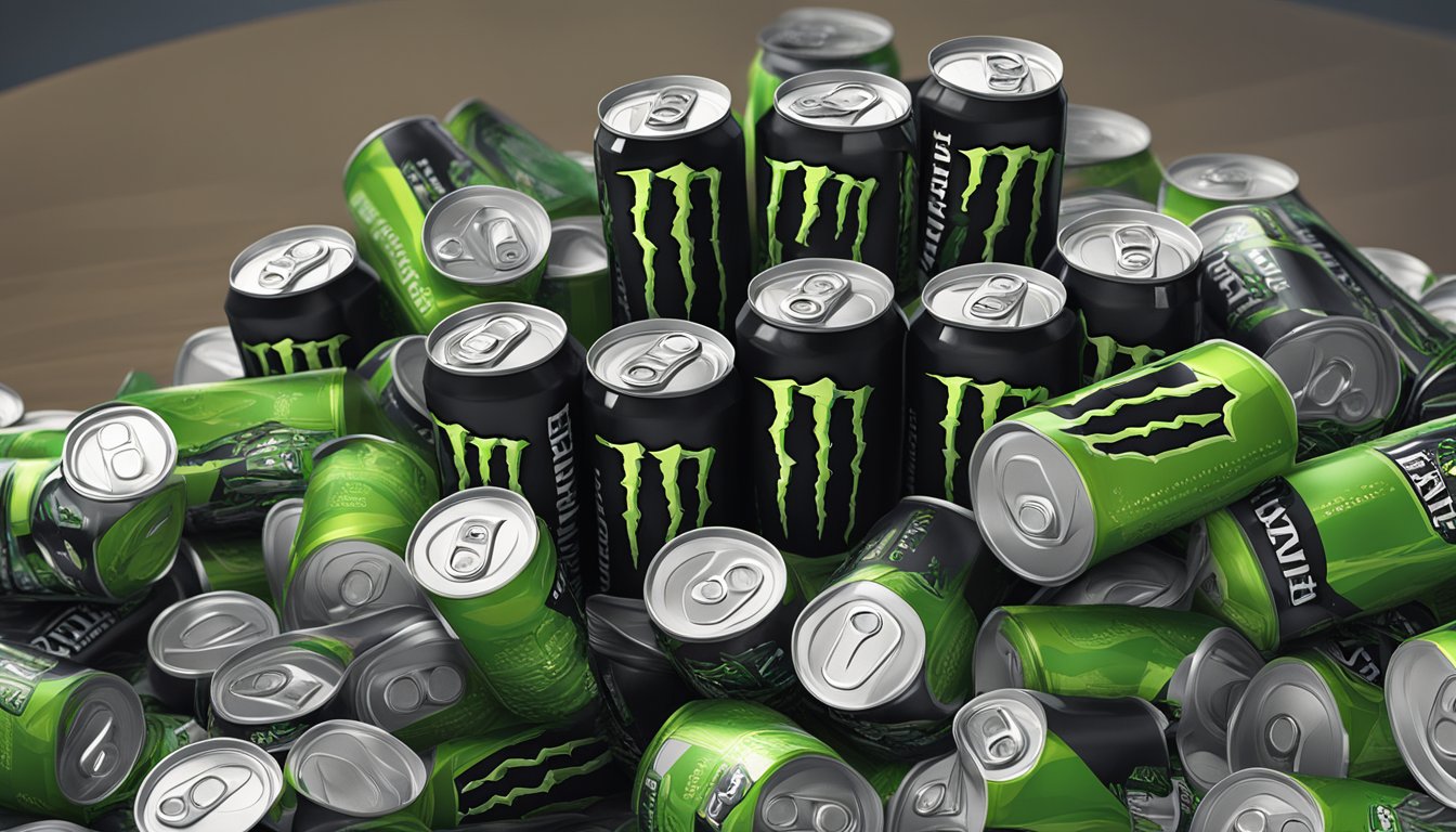 A pile of empty Monster Energy drink cans scattered around a desk, with a few cans still open and half-finished