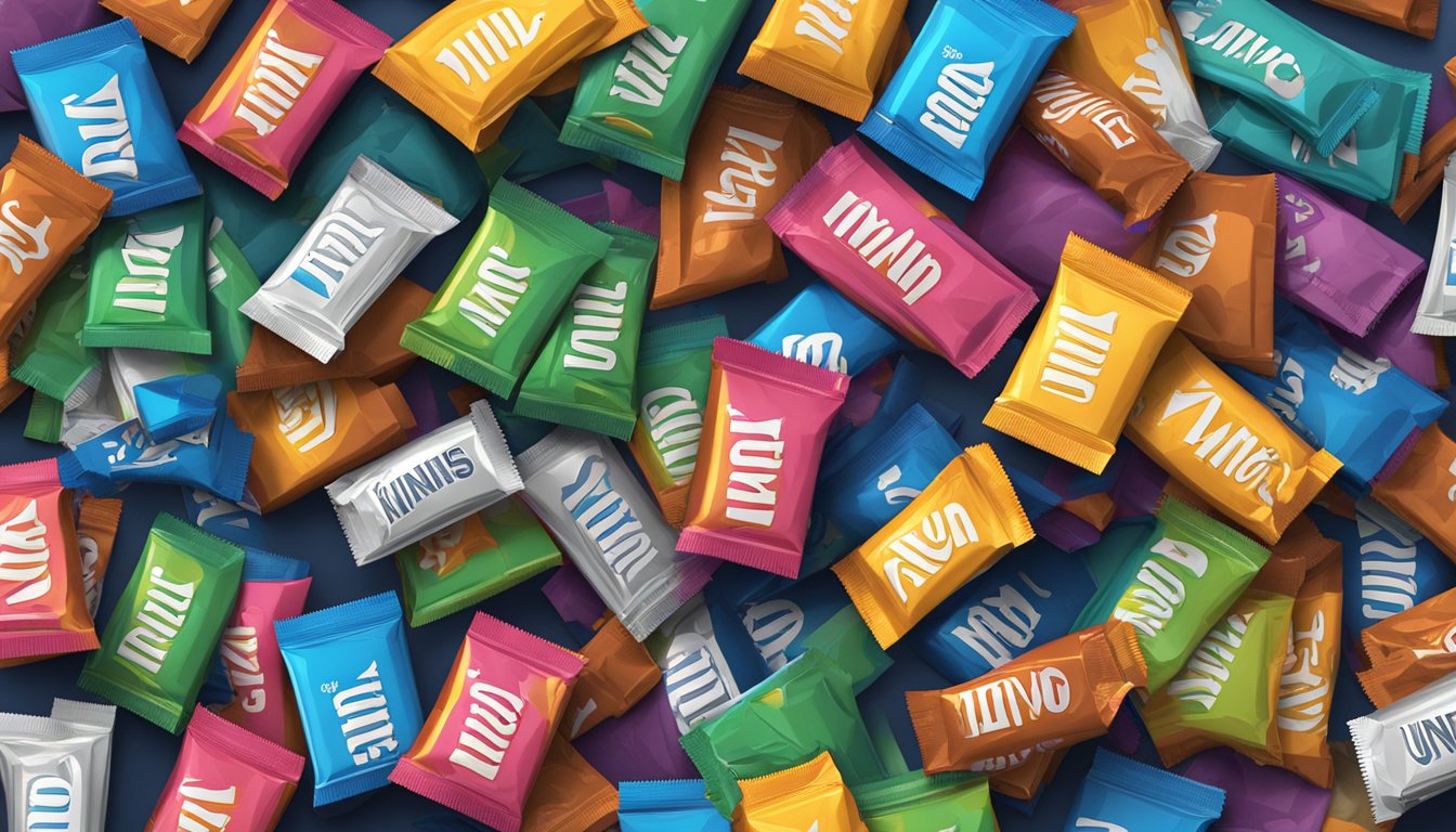 A pile of empty kind minis bar wrappers stacked high, surrounded by scattered uneaten bars