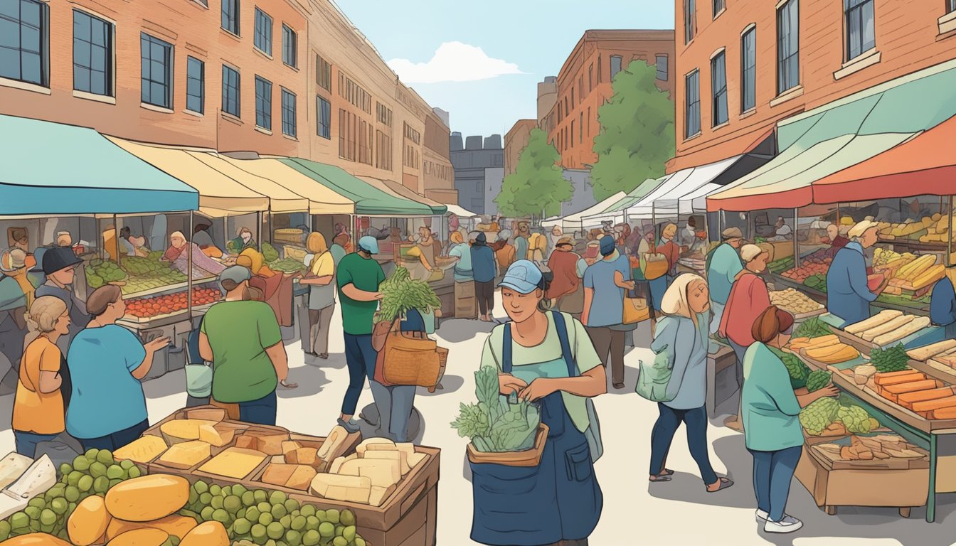 A bustling farmers' market with vendors displaying a variety of Nebraska local artisan cheeses, surrounded by curious shoppers