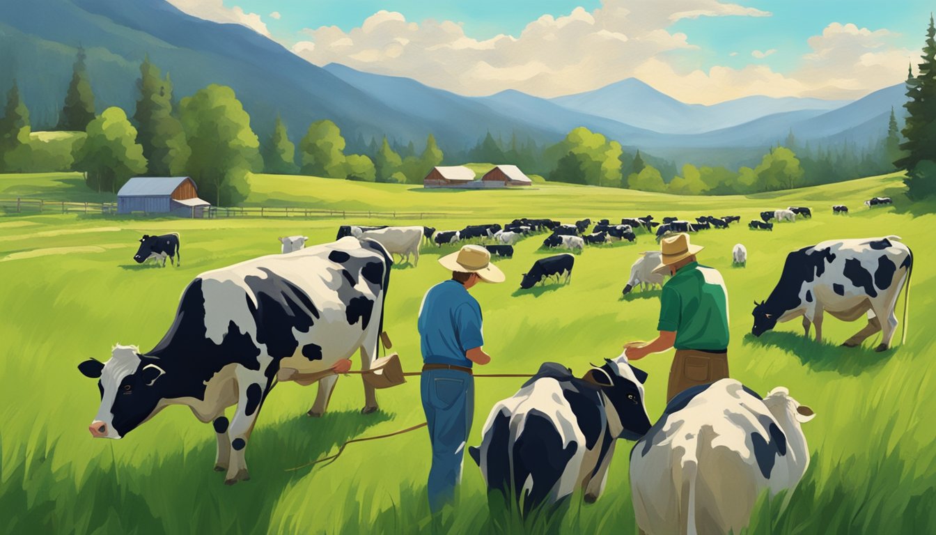 A farmer tending to a herd of dairy cows in a lush, green pasture with a backdrop of the Montana mountains