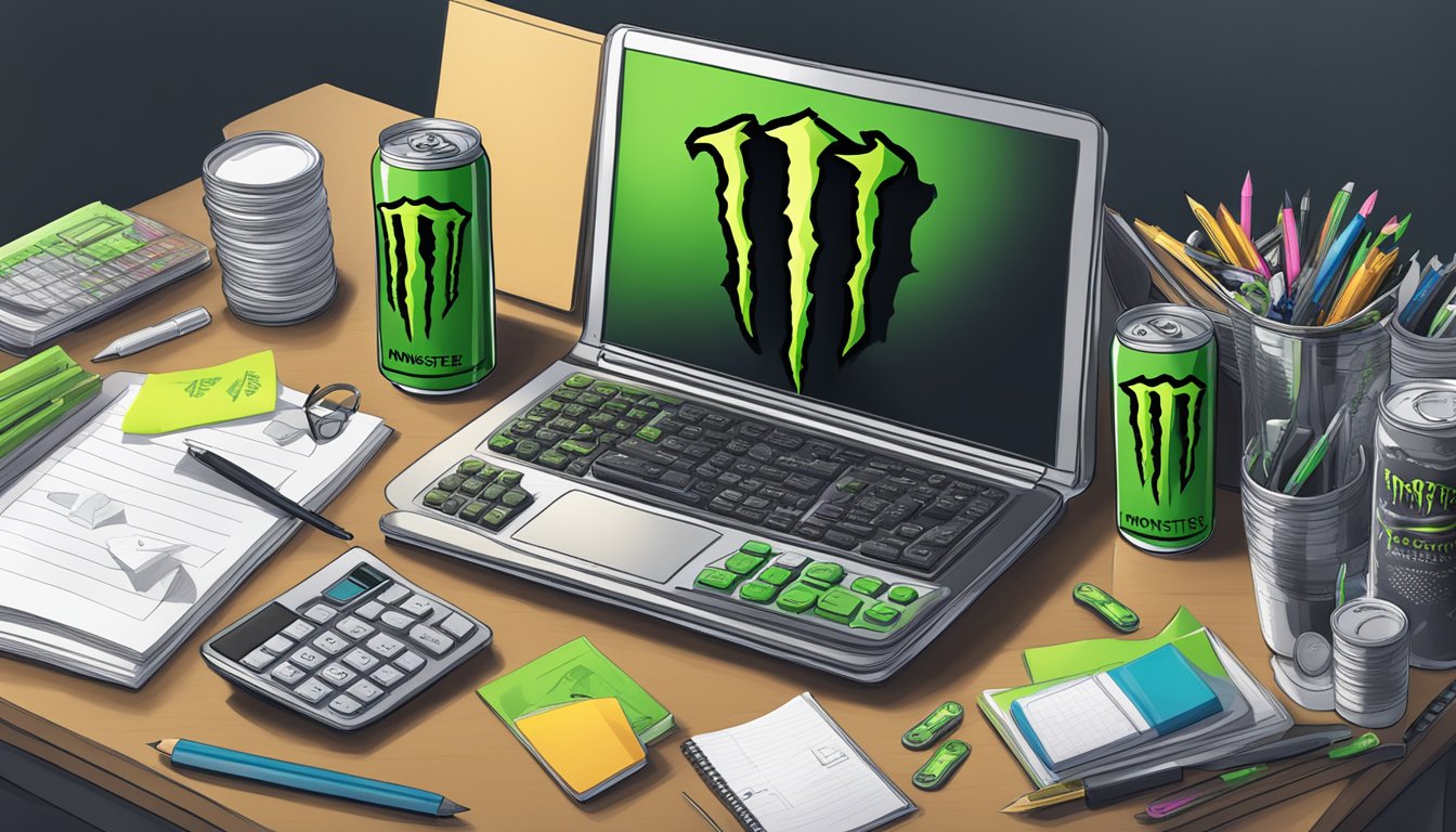 A cluttered desk with multiple empty and full cans of Monster Energy drink, a calculator, and a notebook with scribbled calculations