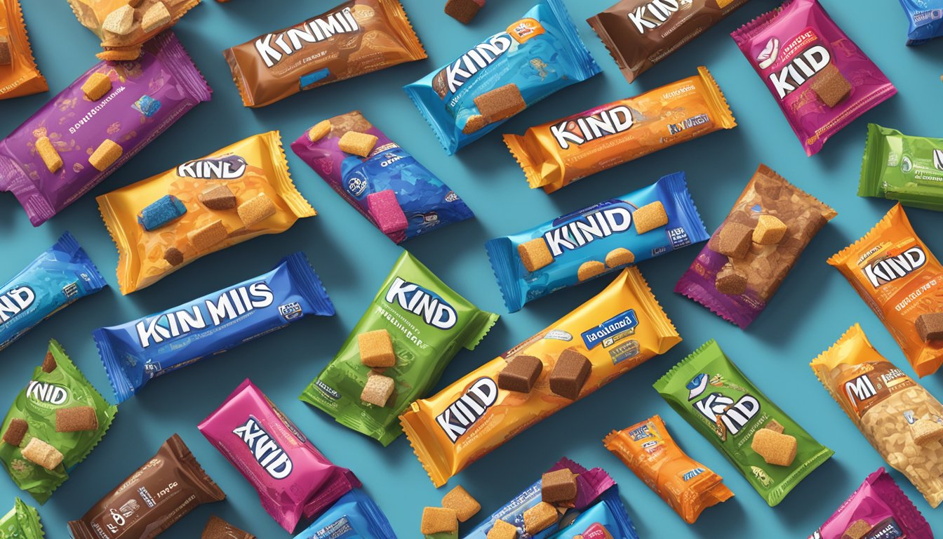 A pile of Kind Minis bars, scattered in different flavors and sizes, with a person hesitating in front of them