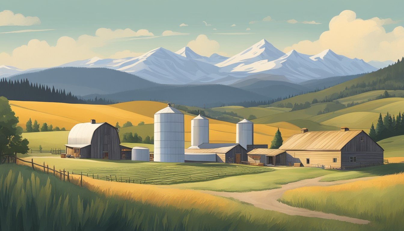 A rustic creamery in the Montana countryside, with rolling hills in the background and a small artisan cheese-making operation in the foreground